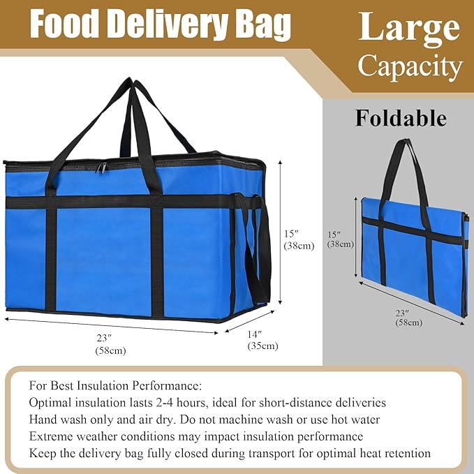 PEASUG Insulated Bags for Food Delivery, XXXL Pizza Delivery Bags, Large Capacity Cooler Bag Keep Food Warm for Grocery Shopping and Catering, Foldable, Heavy-Duty (Blue)