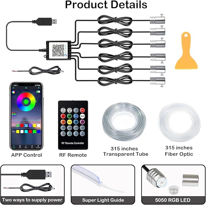 DEHERANE Interior Car LED Strip Lights, RGB 6 in 1 Ambient Lighting Kits with 315 inches Fiber Optic, 16 Million Colors Car Interior Lights with Wireless APP and Remote Control, Sync to Music