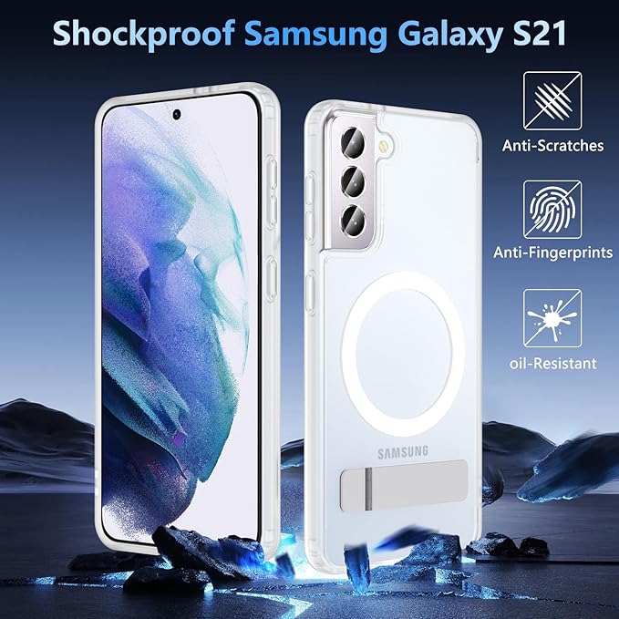 OWKEY for Samsung Galaxy S21 Case with Stand, Magnetic Shockproof Case Fit for Magsafe Translucent Matte Cover for Samsung S21, White