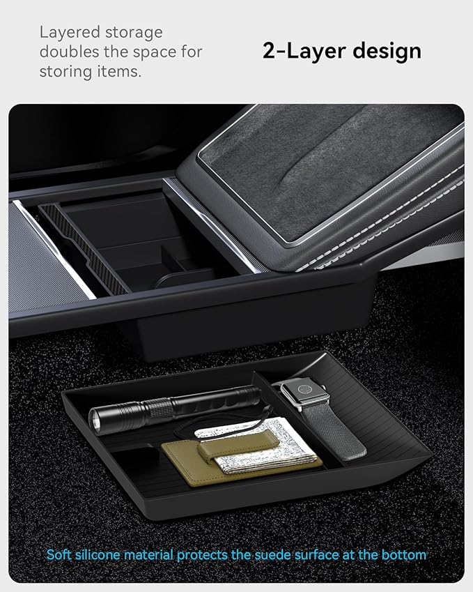 for Tesla New Model Y Juniper Center Console Organizer Tray Divided Storage Double Layer Space Slide smoothly Model Y 2025 2026 Accessorie - 4 PCS, Black