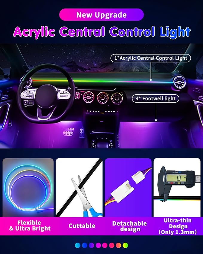 DUOFU365 Car Led Light Interior, RGB Dreamcolor Inside Car Light Music Sync, Under Dash Footwell automotive Strip Light, 12V Acrylic Strip Light for Vehicle, Truck,Jeep, SUV with Car Charger(1set)