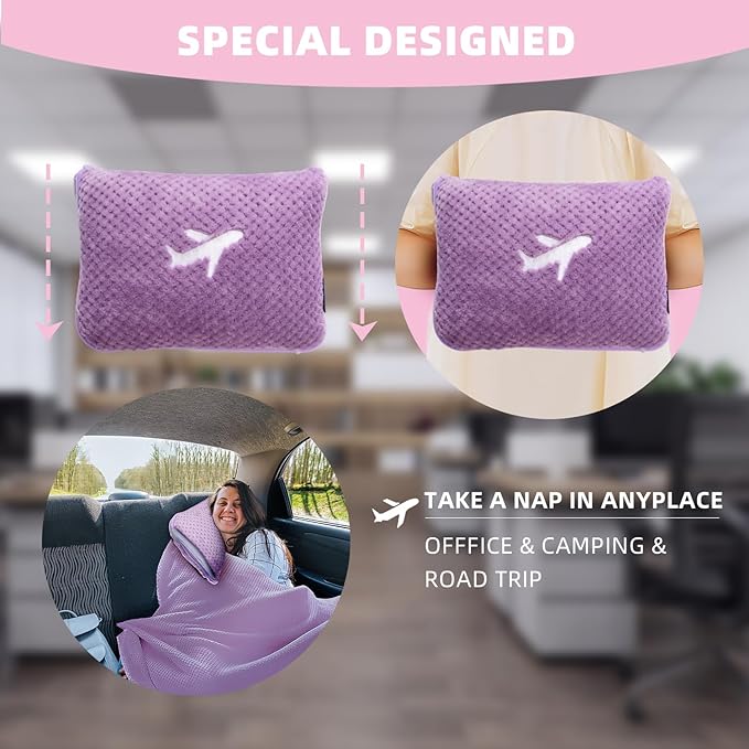 3 in 1 Travel Blanket Pillow Set - 350 GSM Thick Travel Blanket Airplane Compact with Bag, Soft Bag with a Pocket, Inflatable Travel Pillow for Camping & Car Trip (Violet)