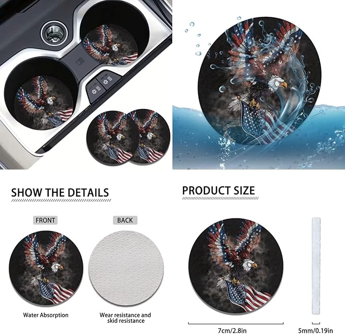 FKELYI Eagle American Flag Car Seat Covers Full Set Car Headrest Covers Gear Shifter Knob and Handbrake Cover Set, Steering Wheel Protector,Cup Coasters