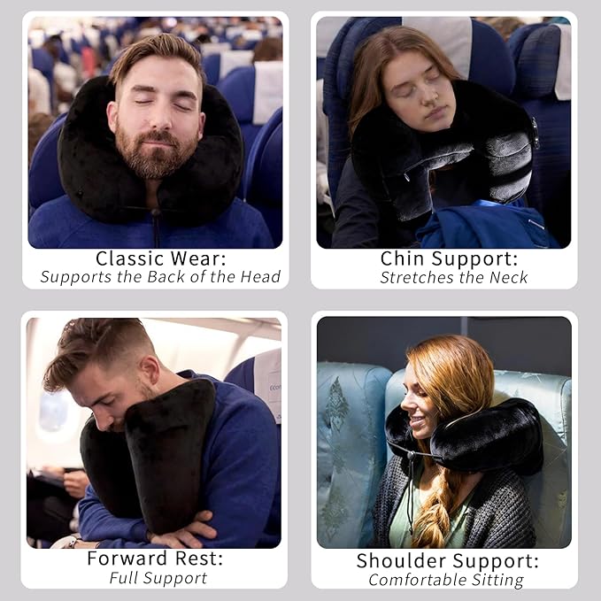 H-Shaped Travel Pillow with Snap-On Hood – Ergonomic Neck Support with Plush Velvet Cover, Instant Inflation & Compact Bag – for Airplane, Car, Office & Long Trips (Black)