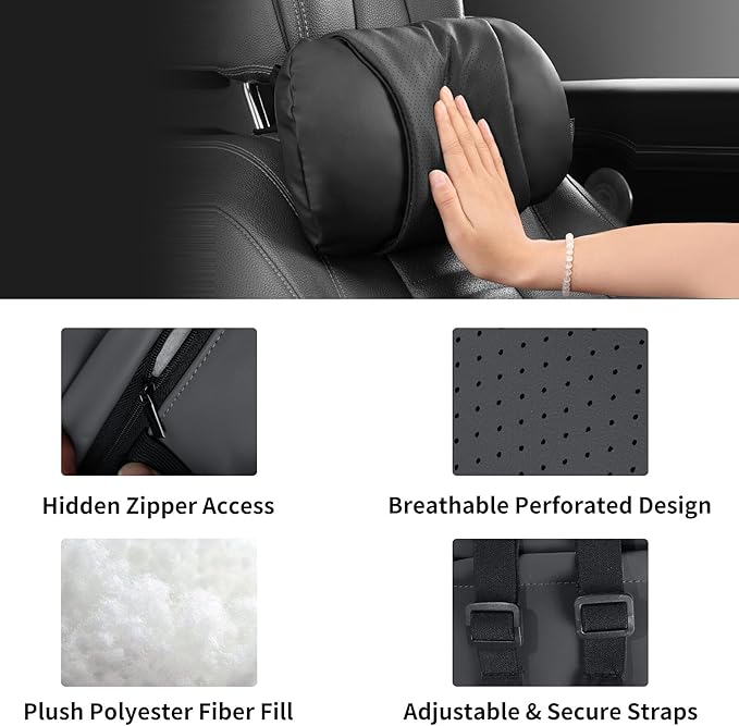 WEIHAO Car Neck Pillow with Adjustable Straps, Ergonomic Head Rest Pillow for Car Seat, Soft Leather Headrest Pillow Car Neck Support Pillow for Driving Office Gaming Chairs Neck Pillow (Black-2PCS)