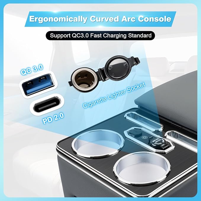 Center Console, Universal Bench Seat Center Console with Fast Phone Charging， Back Seat Car Organizer, Automotive Center Console with Cup Holder & Phone Holder (Gray)
