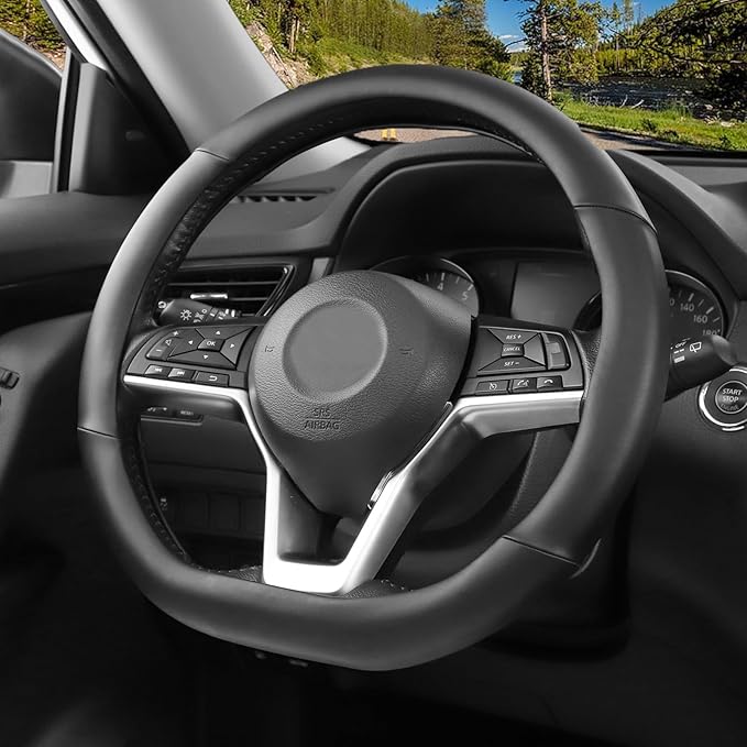 SEG Direct Flat Bottom Steering Wheel Cover, D Shaped Car Wheel Cover 14 1/2-15 in. (37-39 cm), Black Microfiber Leather