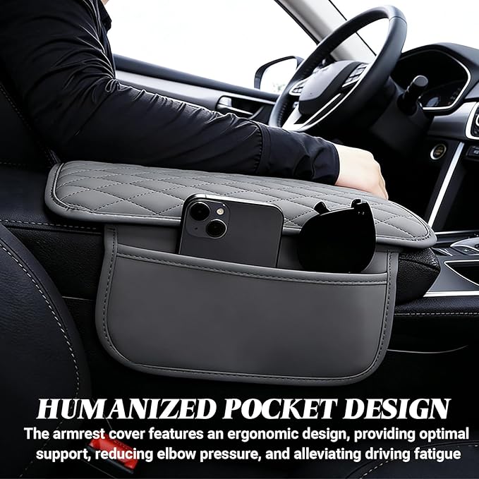 Car Center Console Cover, Upgraded Microfiber Car Armrest Cover Cushion, with 2 Storage Bags Scratch, Resistant Leather Cars Armrest Storage Box Universal Vehicles Accessories (Gray)