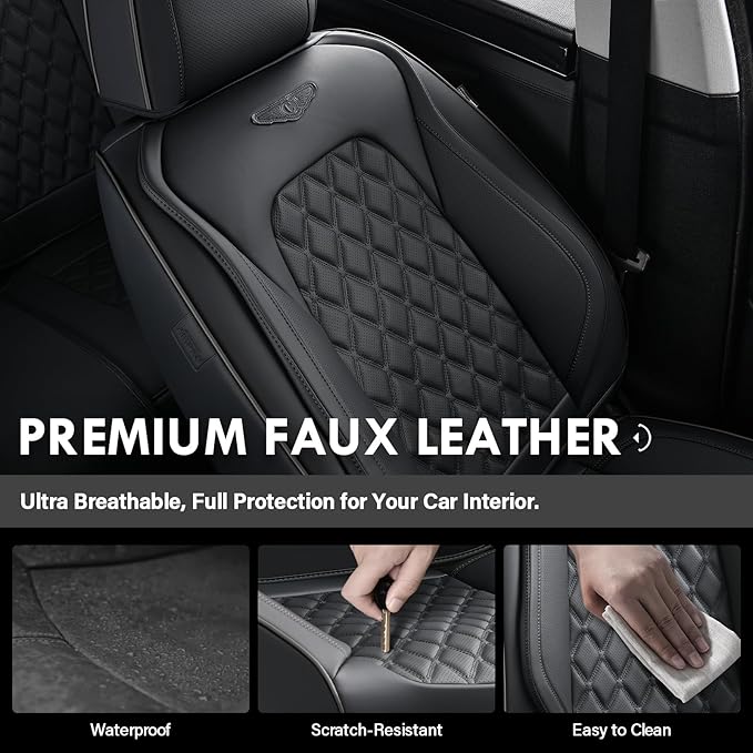Coverado Full Set Car Seat Covers, Black Leather Seat Protectors, Luxury Front & Back Car Seat Covers,Waterproof Universal Fit, Automotive Seat Covers for Most Cars-Black