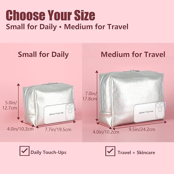Insulated Makeup Bag with 2 Reusable Ice Packs Heat-Resistant Cosmetic Travel Pouch, Silver Vegan Leather Organizer with Water-Resistant Double Zipper & Wrist Strap(Small: 7.5 x 4.0 x 5.0 in)
