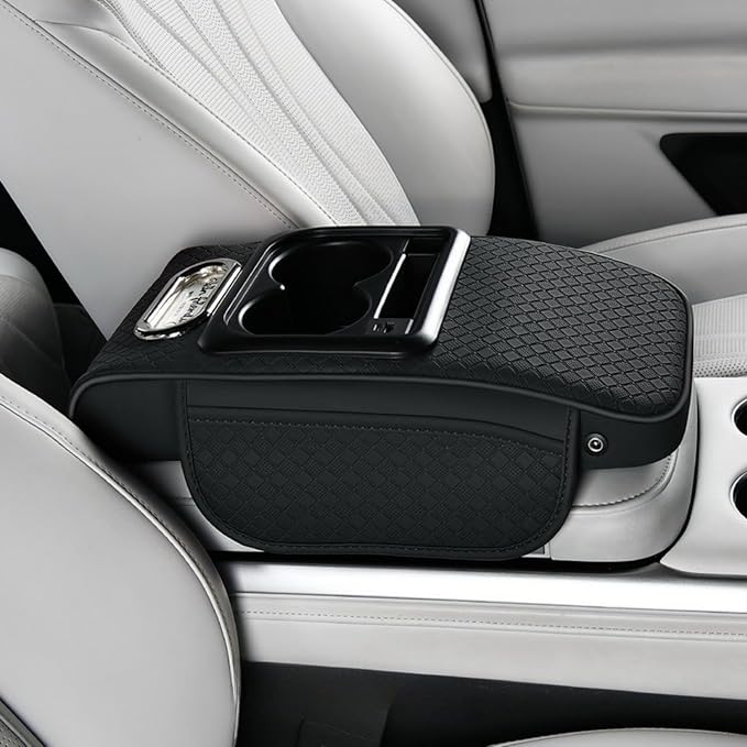 2026 Enhanced Car Center Console Armrest Cushion with USB& Type-C Charging, PU Leather Console Pad with Cup Holders, Storage& Tissue Outlet for Most Vehicles (Sloped Version, Black)