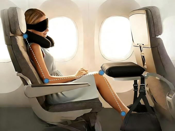 Portable Travel Sleep Comfort Set for Plane 2 Inflatable Travel Pillows,Foot Rest Hammock,Eye Mask Ear Plugs for Airplane Flight Essentials for Seat Airplane Gadgets for Sleep Comfort Kit