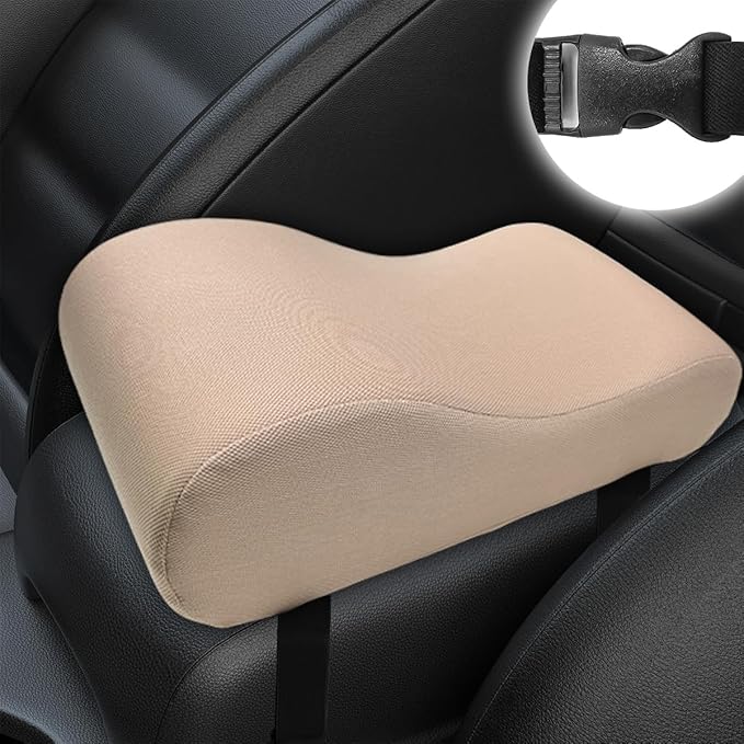 Car Armrest Cushion, 12.2"×6.3"×3.9" Memory Foam Center Console Armrest Pad, Comfortable Armrest Console Pillow Protector for Most Vehicles, Universal Car Accessories (Beige)