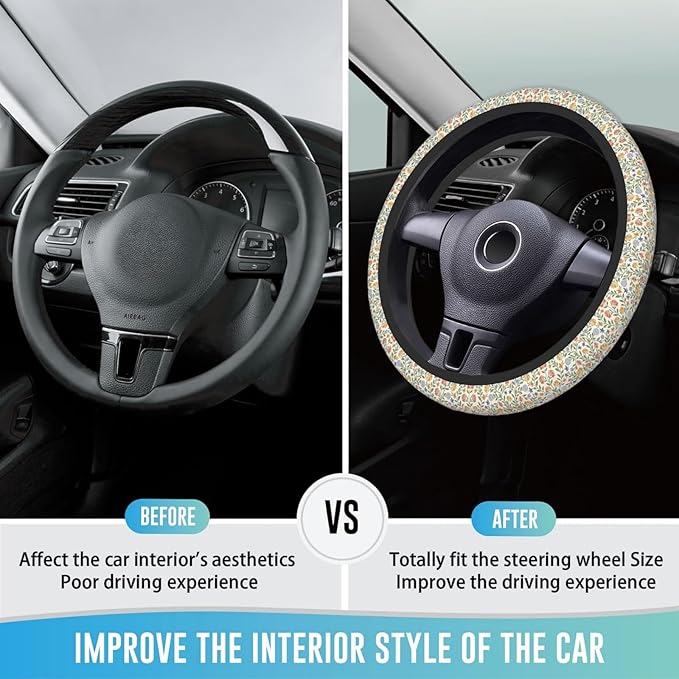 Elastic Steering Wheel Cover Car Accessories Cute Universal 15 Inch Absorbing Sweat Non-Slip Breathable for Woman - Green Floral