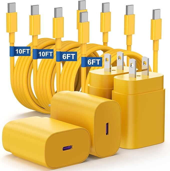 Essri Type C Charger Fast Charging for Samsung Galaxy S25/S24/S23/S22/Note 20,4Pack 25W Super USB C Fast Charger Block with (6ft+10ft) x2 Cables for iPhone 15/16 Pro Max/Plus, Android Phones-Yellow