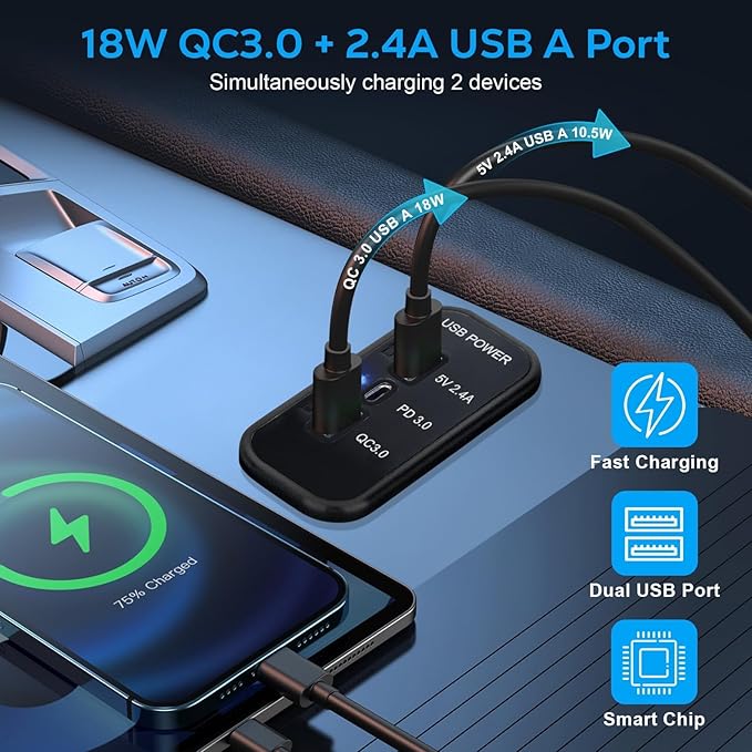 Linkstyle 3 Ports 12V USB Outlet, 18W PD3.0 Port, 18W QC3.0 & 2.4A USB A Charger Fast Charging Socket Panel for 12V/24V Car Marine RV
