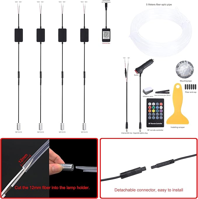 Car Interior Ambient Lighting Optic Fiber RGB 64 Colors Multicoloured Music Car Footwell Lighting Kit with Cigarette Lighter and App Microphone, DC 12V-24V 1W 5m