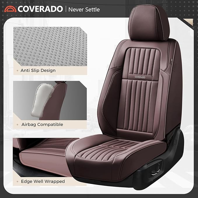 Coverado Car Seat Covers Front Seats, Seat Covers for Cars, Car Seat Protector, 2-Pack Car Seat Cushion Nappa Leather, Waterproof Seat Covers Carseat Cover Universal Fit for Most Cars Trucks(Coffee)