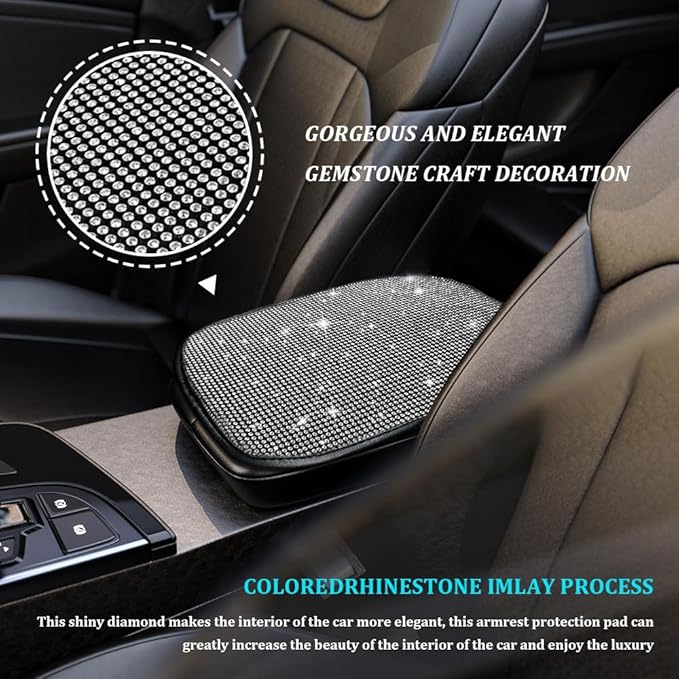 Bling Car Center Console Cover, Car Armrest Cover, Diamond Rhinestone Auto Center Console Cover Protector, Universal Arm Rest Cushion Pads Car Interior Accessories for Vehicles, SUVs (White)
