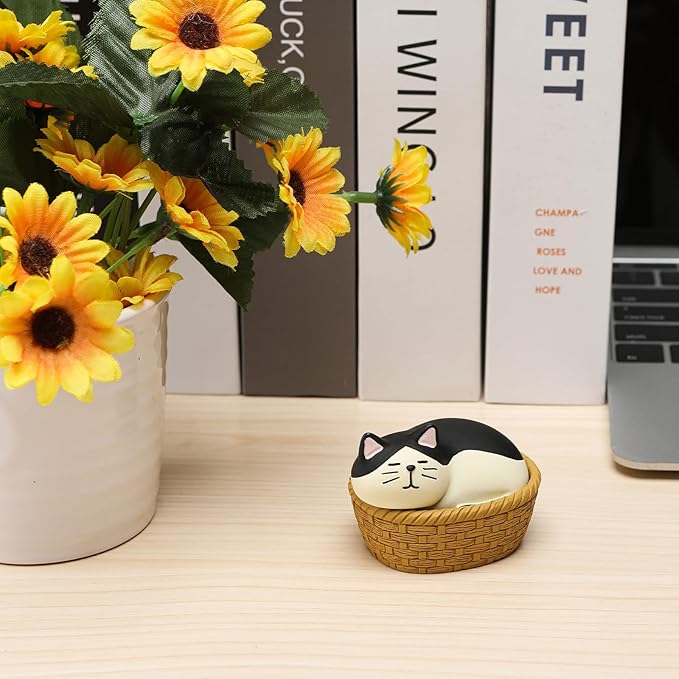 Miniature Cat Figurine kit Mini Resin Statue for Office Desk Black & White Cat Organizer for Nightstand Garden Fairy Accessories Deco Car Dashboard Gift for Cat Lovers