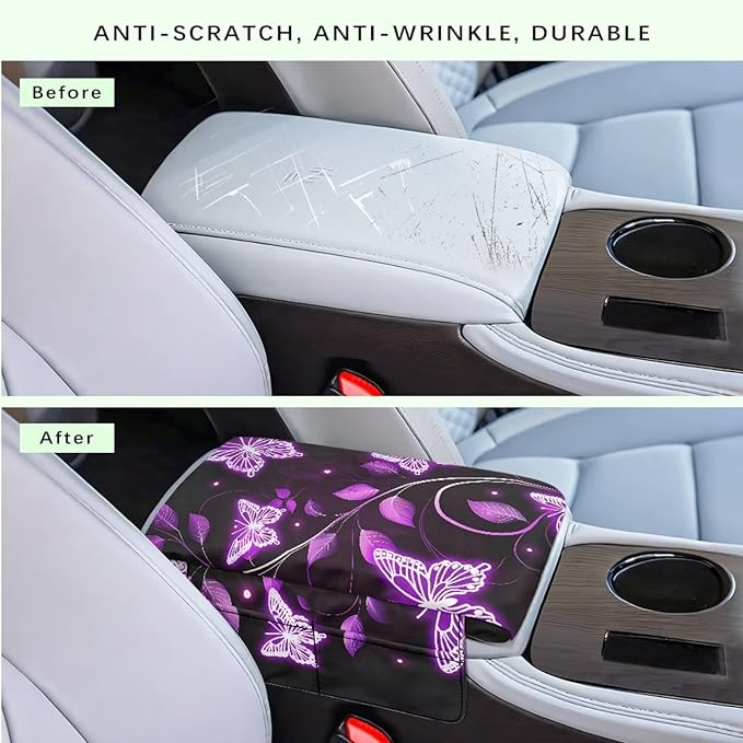 Dreaweet Purple Butterfly Arm Rest Cover for Car Women Thick Center Console Cover Pad with Pockets Universal Anti-Scratch Armrest Cover for Car SUV Sedan Trucks