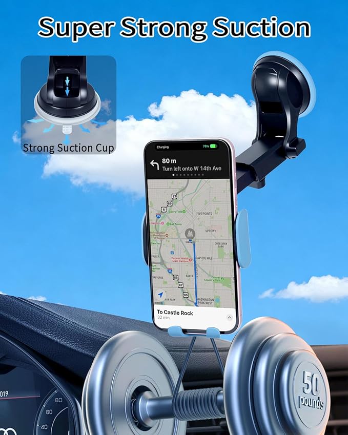 Wireless Car Charger Mount with Air Vent Clip & Suction Base, 15W Fast Auto-Clamping Charging Phone Holder for iPhone 17/16/15/14, Samsung S24/S23, etc.(Blue)