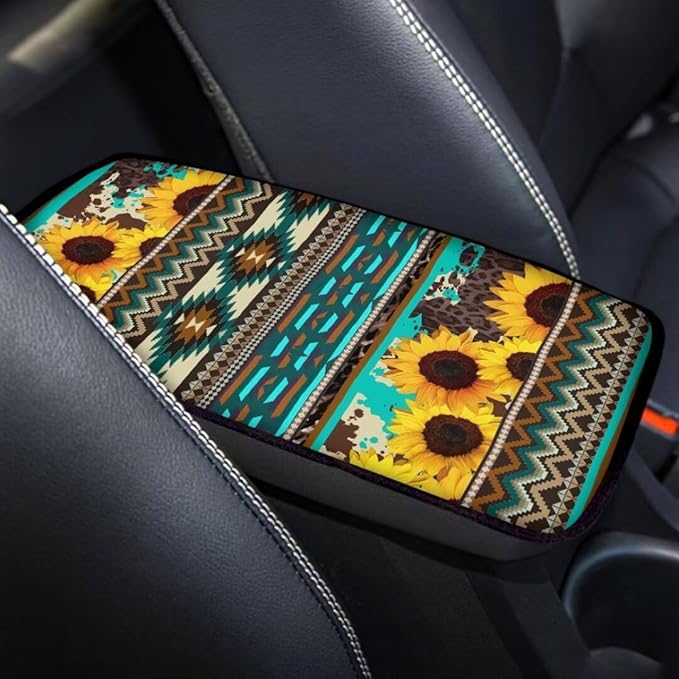 Coldinair Tribal Aztec Car Armrest Cover,Sunflower Auto Center Console Pad,Soft Seat Box Cover Protector Cushion,Car Accessories Decor for Most Cars,Sedan,Truck,SUV