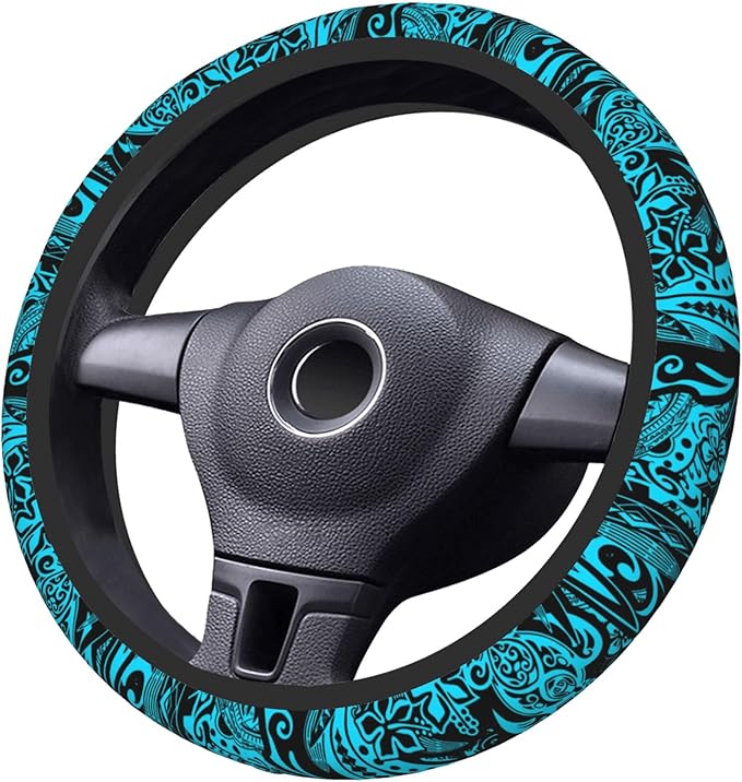 Hawaiian Polynesian Teal Tribal Car Steering Wheel Cover for Women Men 14-15 Inch Stretch Cloth Anti-Slip Wrap Protector Case Fit Universal Auto Accessories Decor Sweat Absorption
