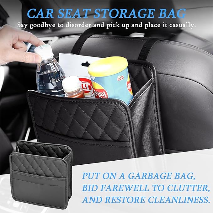 Car Seat Back Organizer, Leather Multipurpose Collapsible Vehicle Backseat Hanging Bag, Portable Automotive Interior Seat Storage Organizer, Universal for SUV RV Truck (Black)