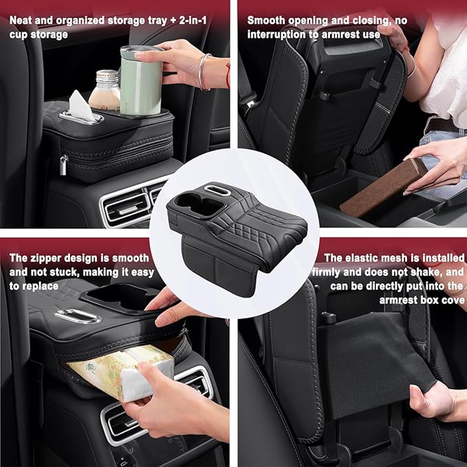 Car Armrest Storage Box for Infiniti QX60 2013–2025 2020 2021 2022 2023 2024, Sport-Style Center Console Organizer with Side Pocket, PU Leather Armrest Cushion, Elbow Support Pad,D Beige