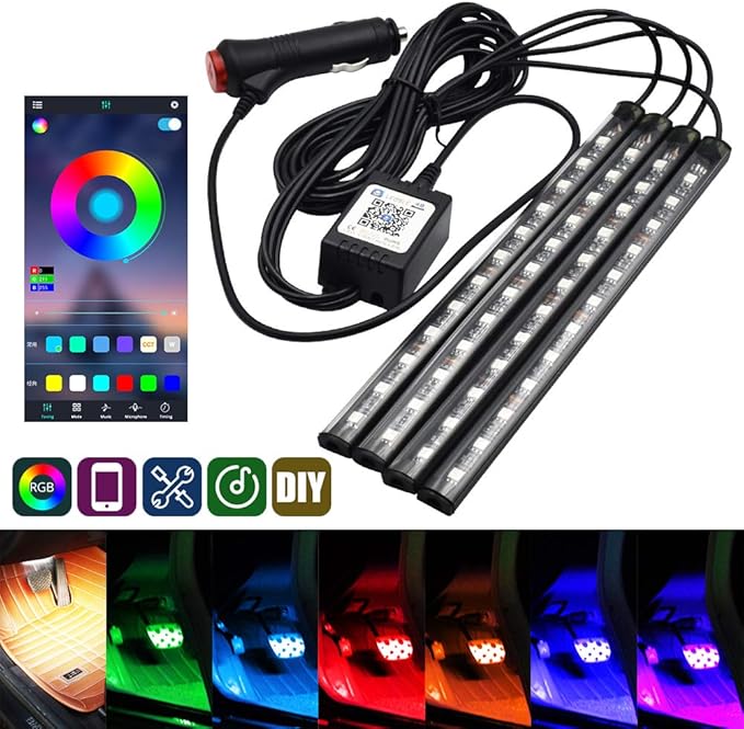 Atmosphere LED Car Lights,4pcs 48 LEDs RGB Bluetooth APP Control Car Interior LED Strip Music Lighting Kits for DIY Indoor Party.Car Cigarettet,DC 12V.