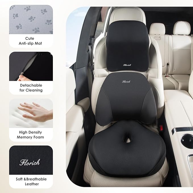 FLORICH Upgraded 3-in-1 Memory Foam Car Seat Cushion Set with Lumbar Support & Neck Pillow, Washable Driving Seat Cushion for Back & Sciatica Pain Relief, Non-Slip Seat Cushion for Car, Office-Black