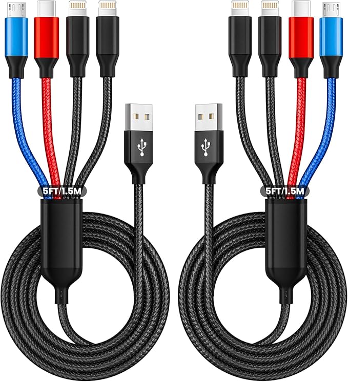IDISON Travel 4 in 1 Multi Charging Cable with Dual IP/Type C/Micro USB, 2Packs 5FT Car Accessories iPhone Charger Cord for Multiple Devices, Universal USB Cable for iPhone17-8/iPads/Tablets and More