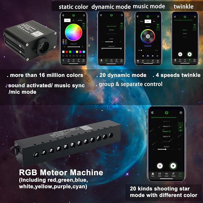 AZIMOM 16W Twinkle & Sound Activate 550pcs*0.03in*9.8ft Fiber Optic Starlight Headliner Kits+RGB Meteor Shooting Star,APP& Remote Control Light Engine End Glow Fiber Strands Home Car Ceiling Décor