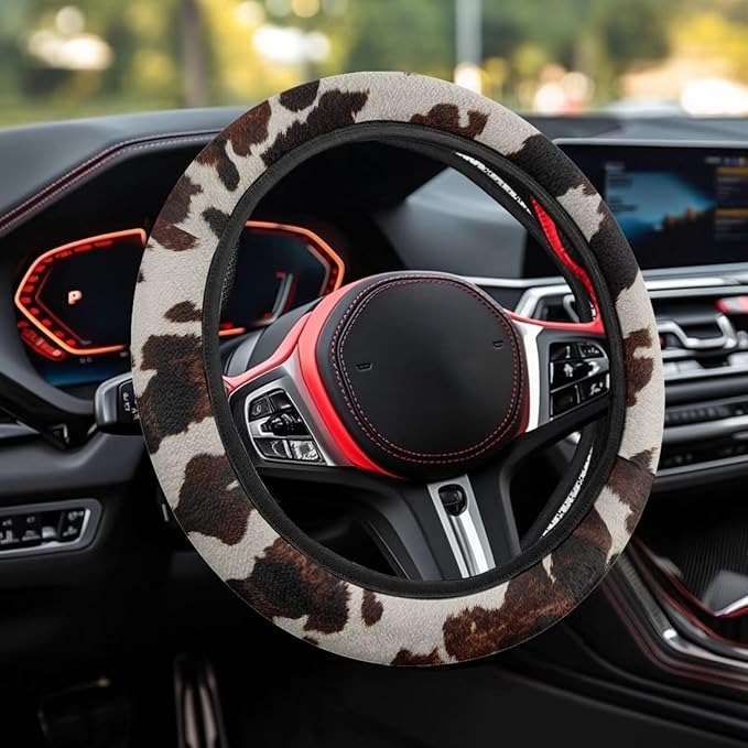 AFPANQZ Steering Wheel Cover for Women, Brown Cow Print Sweat Absorbing Non-Slip Steering Wheel Protection Case Machine Washable Elastic Flexible Universal 14 to 15 inch
