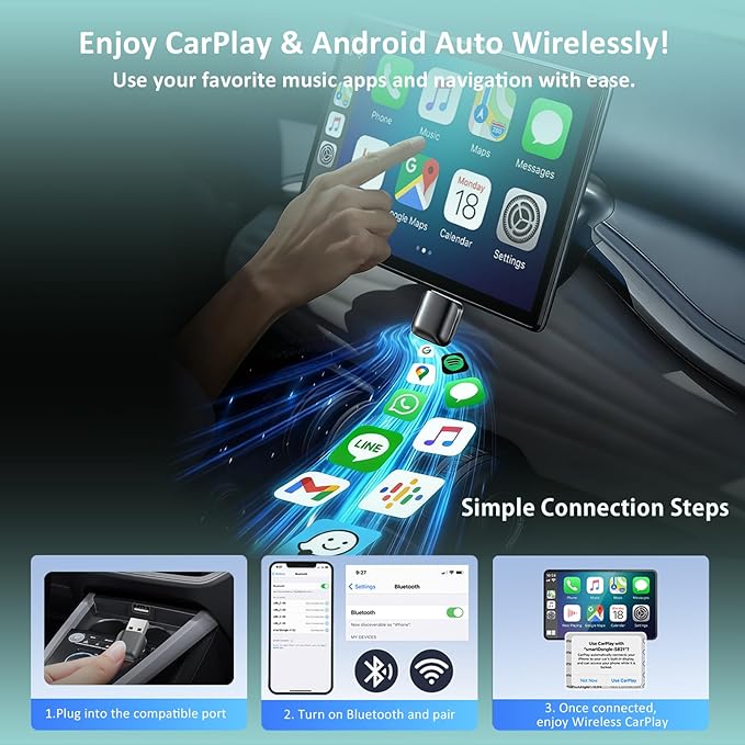 OneCarStereo Mini Wireless CarPlay Android Auto Adapter, Plug & Play, 2026 Upgrade, Convert Wired CarPlay to Wireless for iOS 10+, Fast Stable 5.8GHz Wi-Fi USB Car Play Dongle