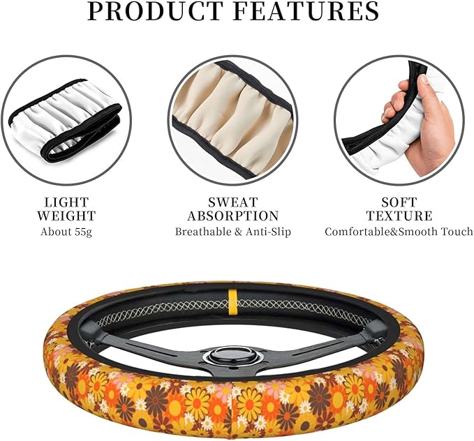 Yellow Hippie Floral Auto Car Daisy Steering Wheel Cover Universal 15 Inch Neoprene Interior Decor Protection Accessories