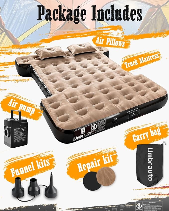 Umbrauto Built-in Pump Air Mattress for 5.5-5.8ft Short Truck Bed, Inflatable Full-Size Pickup Airbed for Ford F150, Chevy Silverado, GMC Sierra, Dodge Ram, Toyota Tundra, Nissan Titan Outdoor Camping