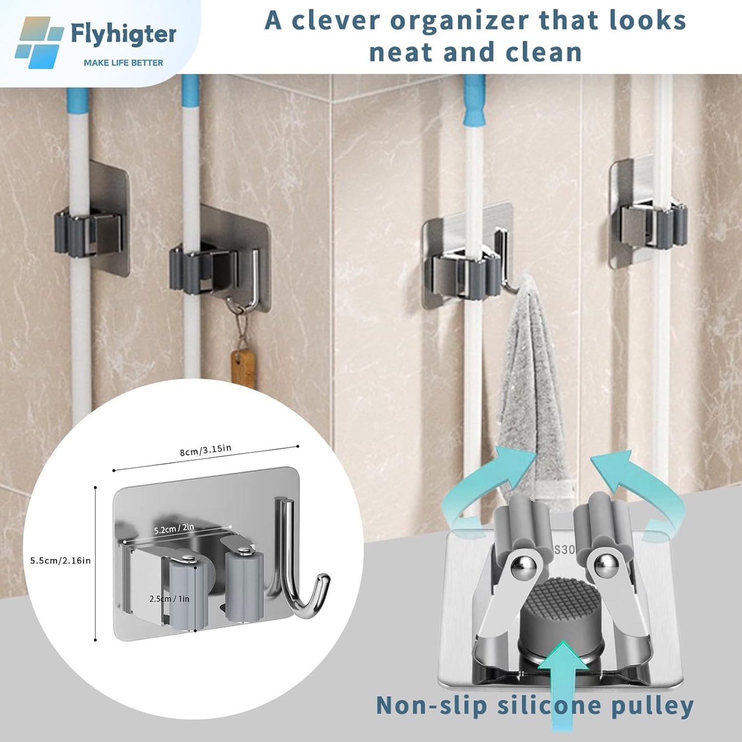 Stainless Steel Mop Holder Wall Mount – 4 Pack Heavy-Duty Broom Organizer with Strong Grip, Adhesive or Nail-Free Glue Installation for Bathroom, Kitchen, Garage