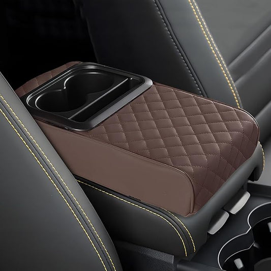 Car Center Console Armrest Pillow, 13.19"×7.87" Leather Car Arm Rest Cover, Memory Foam Auto Armrest Cushion with Cup Holder Phone Slot, Universal Vehicle Middle Console Cushion Pad (Coffee)