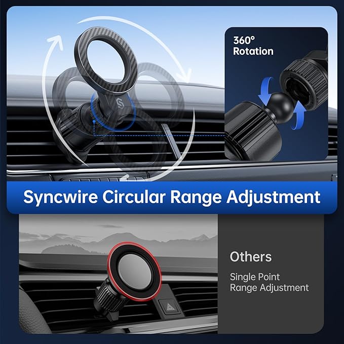 SYNCWIRE for MagSafe Car Holder【Ring Ventilation】【 360° Rotatable】【N55 Magnetic】 Phone Mount for Air Vent, Car Cell Phone Holder Mount Compatible iPhone 17/16 Pro Max 15 14 13 12, Carbon Fiber Style