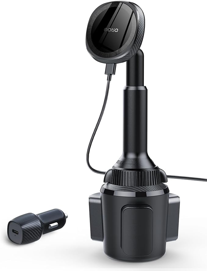 OQTIQ for MagSafe Wireless Car Charger Cup Holder Mount Compatible with iPhone 17/16/15/14/13/12, Magnetic Car Phone Mount 15W Fast Charging Telescopic Arm Heat Dissipation System, with PD 30W Adapter