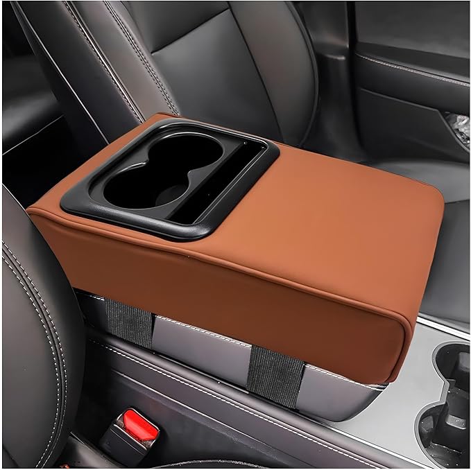 Car Center Console Armrest Pillow, Memory Foam Auto Armrest Box Cover with Cup Holder & Phone Holder, Waterproof Leather Arm Rest Protector Cushion, Interior Car Accessories (Brown)