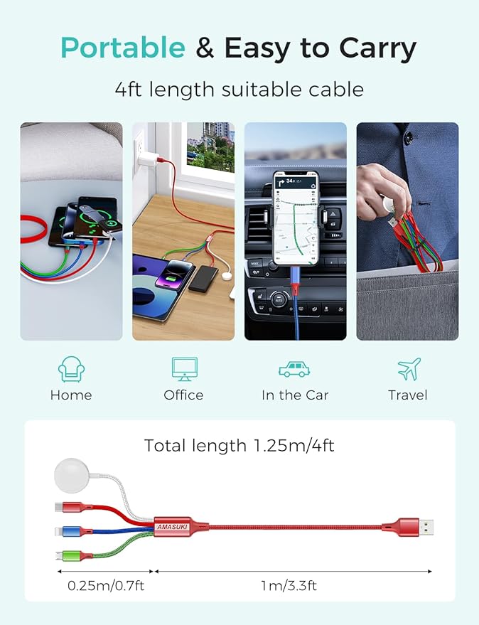 2Pack Multi Charging Cable for Apple Watch Charger 4 in 1 Travel Essentials RV Camping Essentials USB C/L/Micro Compatible with iWatch Series 11-1/iPhone 17/16/15/Android Airplane Gadgets-4FT/Red