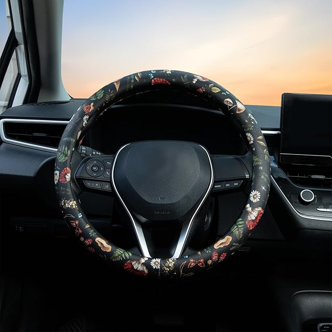 Mushroom Steering Wheel Cover Auto Leather Steering Wheel Protector, Anti-Slip, Breathable, Absorbing Sweat, Universal Mushroom Car Accessories 14.5–15 inch,Fit for Most Car, Trucks, SUV