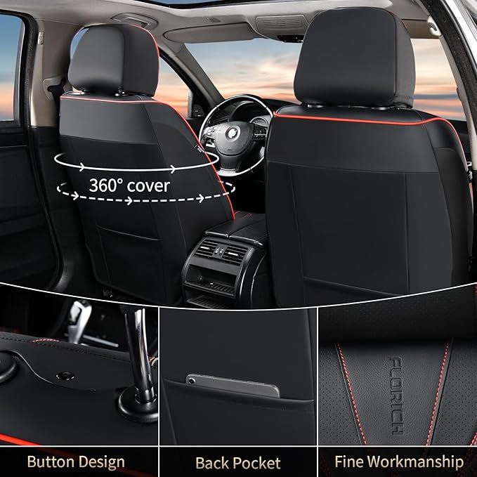 FLORICH Leather Seat Covers Car Seat Cover Front and Rear Seat Cover 5 Seats Automotive Seat Covers Waterproof Seat Covers for Cars Universal Fit for Most Cars SUV Trucks, Black&Red Line