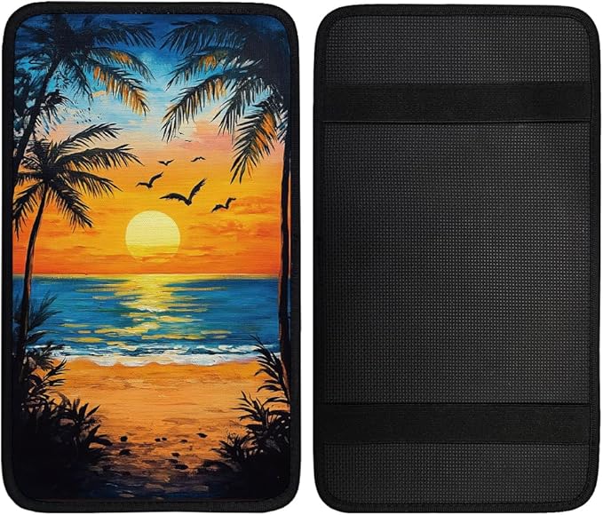 1pc Center Console Armrest Cover Pad 12.6x7.5 inch Palm Tree with Sunset Neoprene Car Armrest Cushion Waterproof Armrests Seat Box Cover Protector for Universal Cars Vehicles SUVs