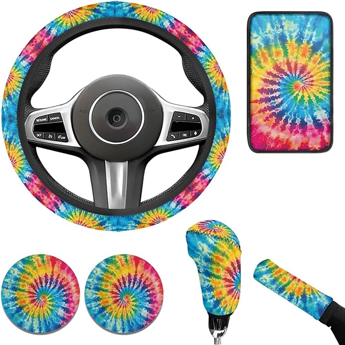 Blue Tie Dye 6pcs Car Interior Accessories Protector Set Car Steering Wheel Cover for Women Cup Coaster Handbrake Gear Cover Suit for Most Cars Truck Vans SUV