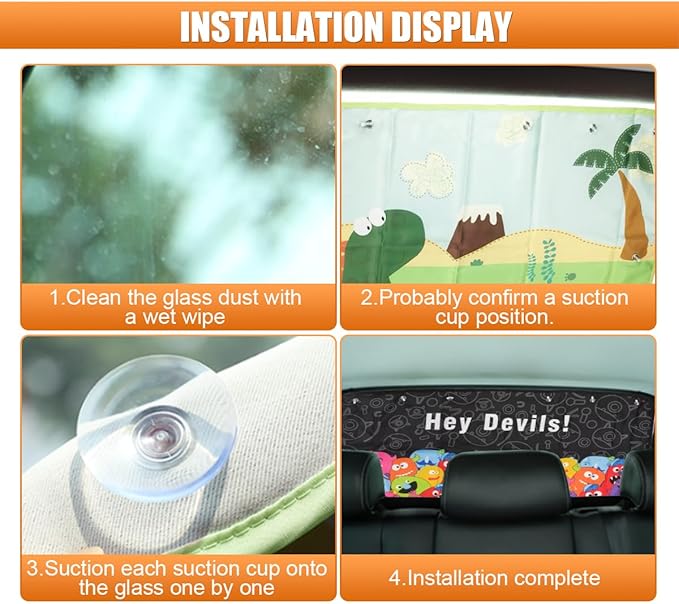 Car Rear Window Sunshade for Baby, Glare & UV Protection Rear Windows Sun Shade Covers with Suction Cups, Universal Sun Blocker Cooling Accessory for Vehicle Privacy Protection (Dinosaur)