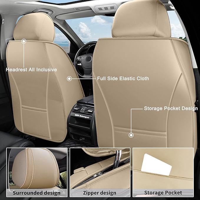 AOMSAZTO Car Seat Covers Fit for Cadillac XT4 2019-2026 Leather Car Seat Cover Seat Cushion Protector Airbag Compatible Waterproof Full Set 5 Seats Beige